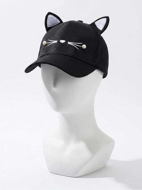 Hand Crafted Accessories - New Gentle Meow Women’s Black Baseball Cat Cap Hat With Whiskers & Ears Polar